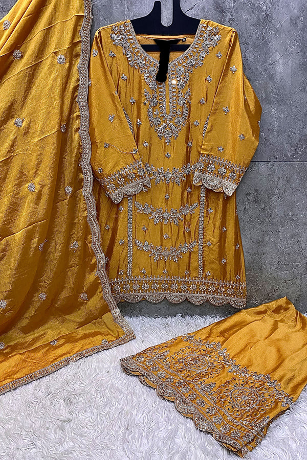 Fully Stitched Yellow Ethnic Palazzo Set With Gold Embroidery & Mirror Highlights