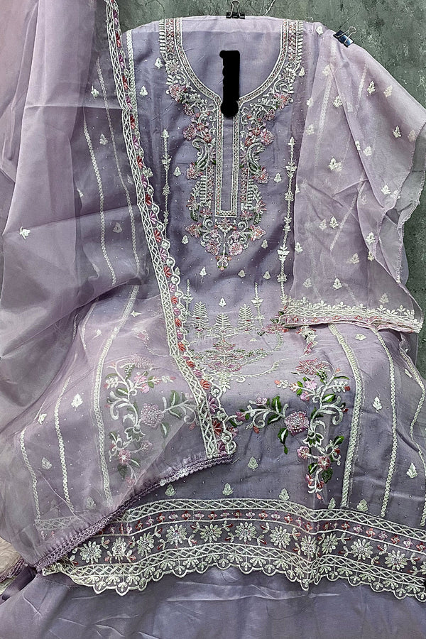 Pakistani Salwar Kameez Light Purple Organza Khatli Work With Organza Dupatta Work
