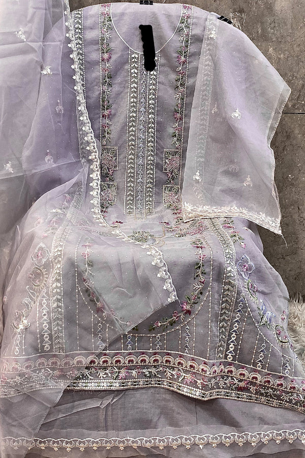 Organza Pakistani Handwork Salwar Kameez Light Gray WIth Organza Dupatta Work