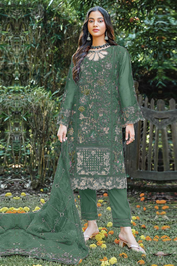 Deep Forest Glamour – Pakistani Organza Suit in Bottle Green With Soft Dupatta