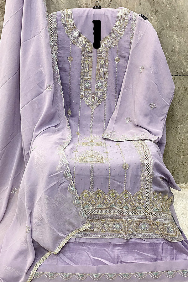 Light Purple Faux Pakistani Georgette Salwar Kameez With Pretty Embroidered Dupatta Work