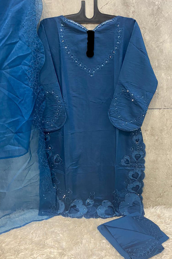 Readymade Blue Viscose Silk Pakistani Salwar Kameez With Organza Dupatta Work