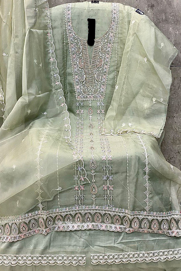 Gorgeous Pista Pakistani Organza Salwar Suit for Women With Intricate Dupatta Embroidery