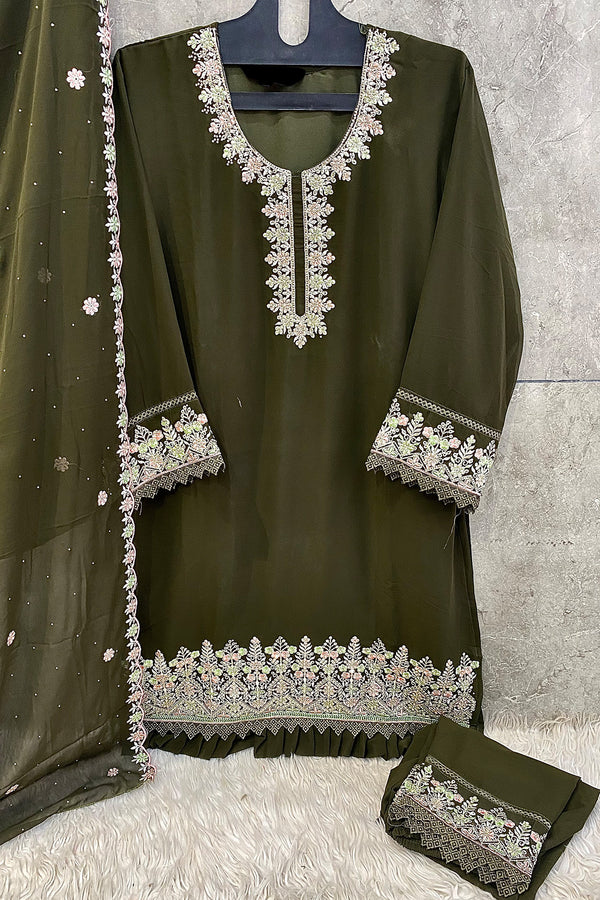 Full Stitched Heavy Georgette Embroidered Moti Work Mehndi With Beautiful Dupatta Work