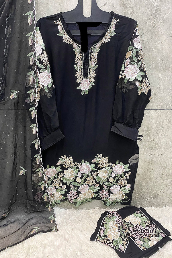 Pakistani Salwar Kameez Georgette Black Ethnic Wear With Embroidery Dupatta-Full Stitched