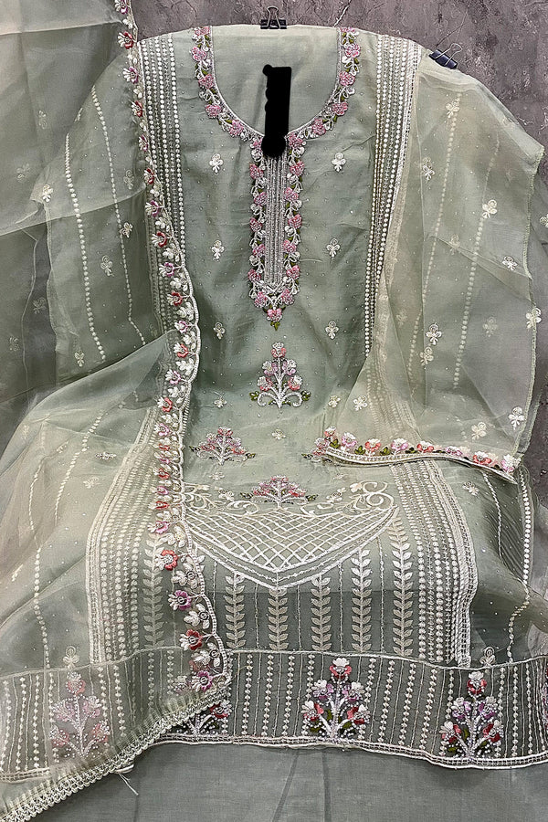 Alluring Pista Handwork Heavy Organza Pakistani Salwar Kameez With Organza Work Dupatta