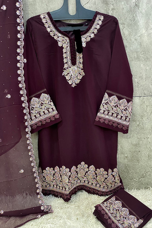 Full Stitched Pakistani Tunic Wine Salwar Kameez With Beautiful Less Georgette Dupatta