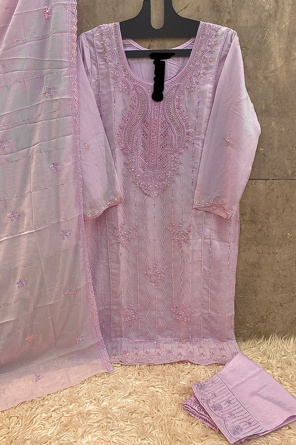 Readymade Pakistani Salwar Kameez Light Lavender Star Faux Georgette Coding Work With Dupatta Work