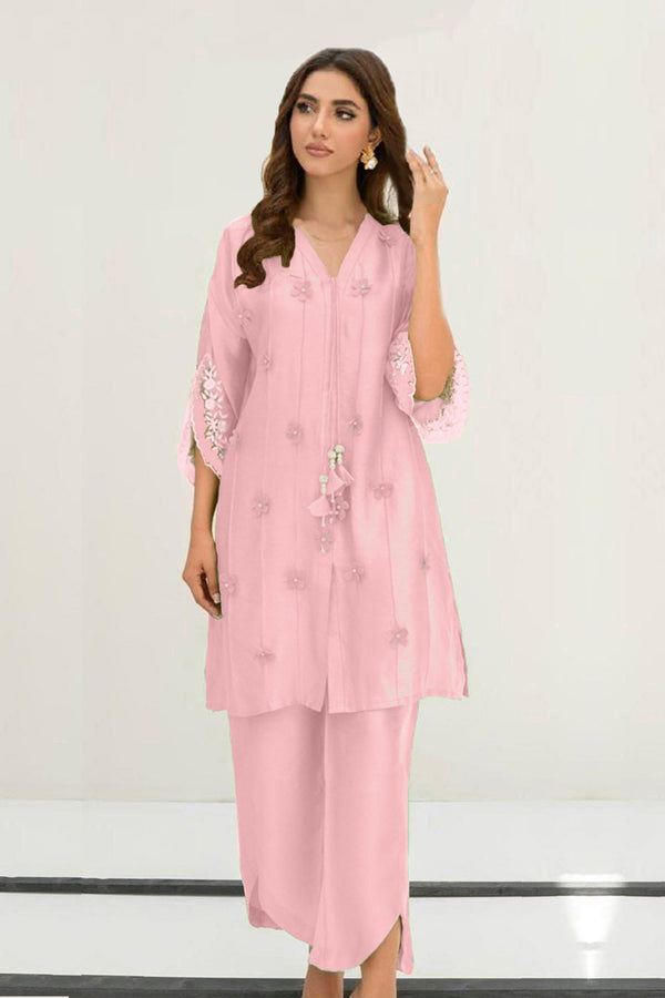 Ready To Wear Baby Pink Pakistani Tunic Style Imported Korean Fabric Premium Co-Ord Set