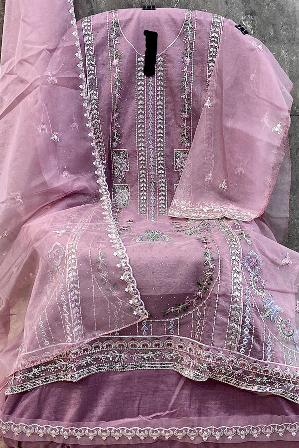 Organza Pakistani Handwork Salwar Kameez Light Lavender WIth Organza Dupatta Work