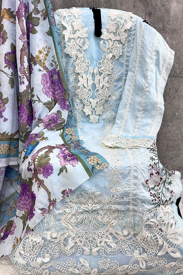 Pakistani Salwar Kameez Heavy Cotton Sky Blue WIth Cotton Printed Dupatta