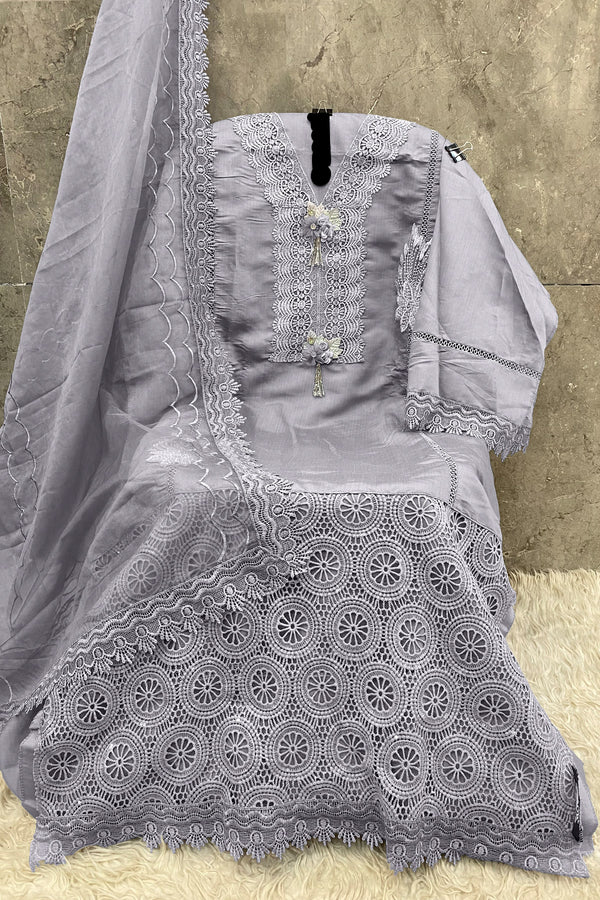 Pakistani Salwar Kameez Imported Korean Fabric Dark Grey With Beautiful Heavy Net Dupatta