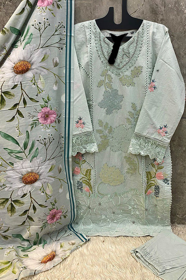 Readymade Heavy Cotton Pakistani Salwar Kameez Light Pista With Muslin Printed Dupatta Work