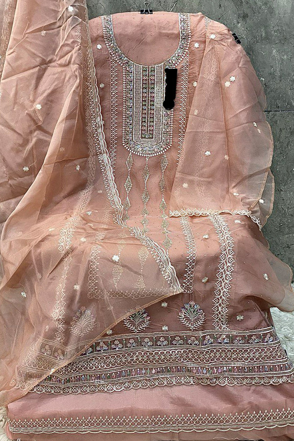 Pakistani Salwar Kameez Organza Khatli Work Peach With Organza Dupatta Work