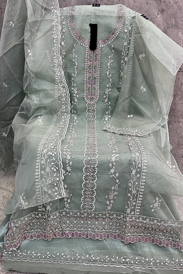 Partywear Mint Green Organza Pakistani Salwar Kameez With Delicate Khatli Embroidery Dupatta