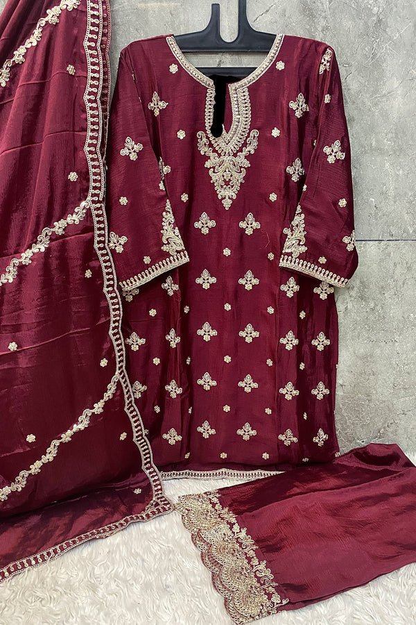 Readymade Chinon Maroon Salwar Kameez With Golden Thread Embroidery & Elegant Dupatta