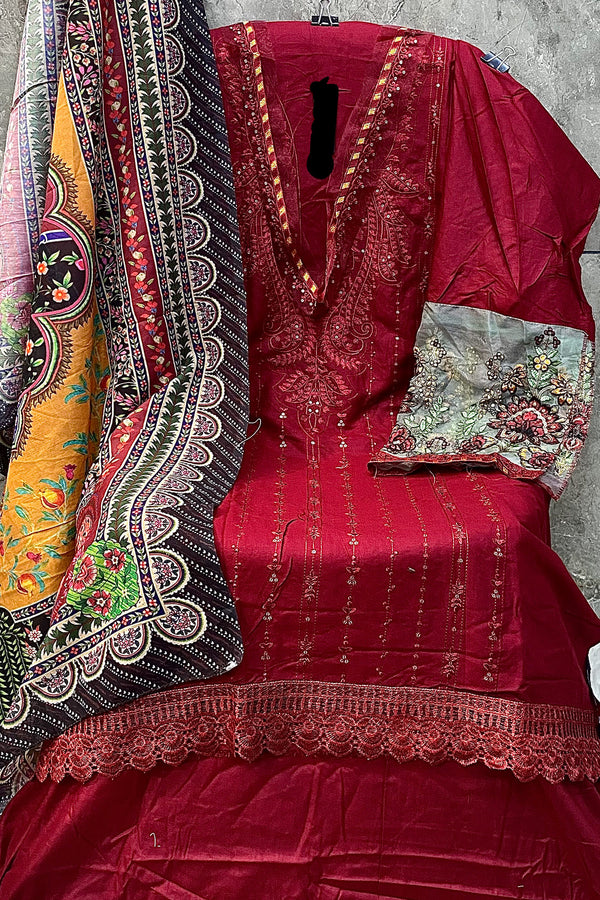 Regal Maroon Embroidered Pakistani Rayon Suit With Ornate Multicolor Dupatta & Lace Detailing