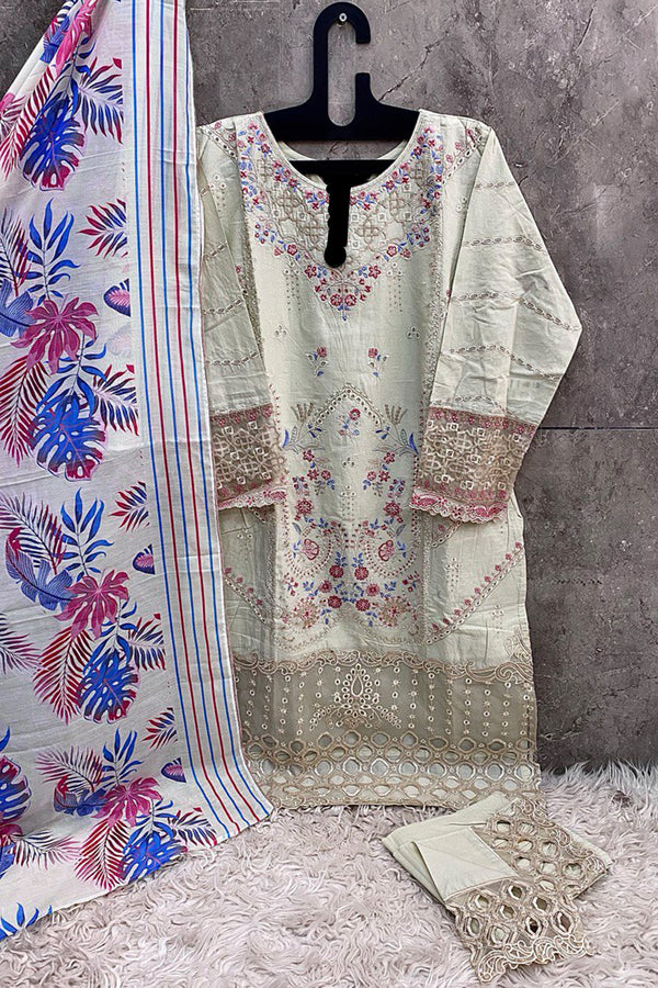 Readymade Heavy Cotton Pakistani Salwar Kameez Light Chiku With Cotton Printed Dupatta