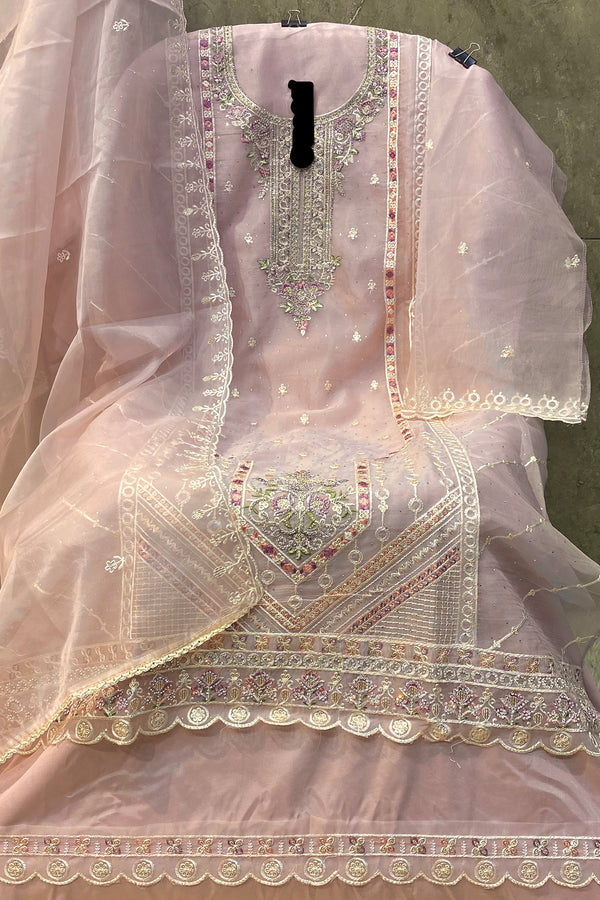 Organza Pakistani Salwar Kameez Peach With Khatli Work & Beautiful Dupatta Work