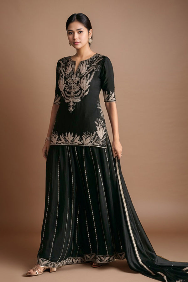 Pakistani Luxury Sharara Palazzo Set – Black Front & Back Design Work With Chinon Dupatta