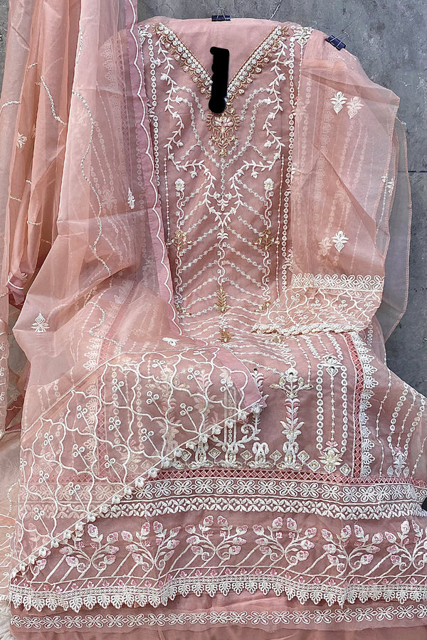 Pakistani Salwar Kameez Handwork Peach Heavy Organza With Pretty Organza Dupatta