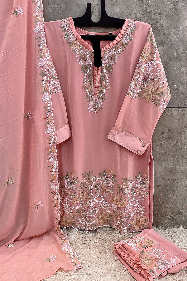 Readymade Baby Pink Georgette Frill Pakistani Salwar Kameez With Georgette Dupatta