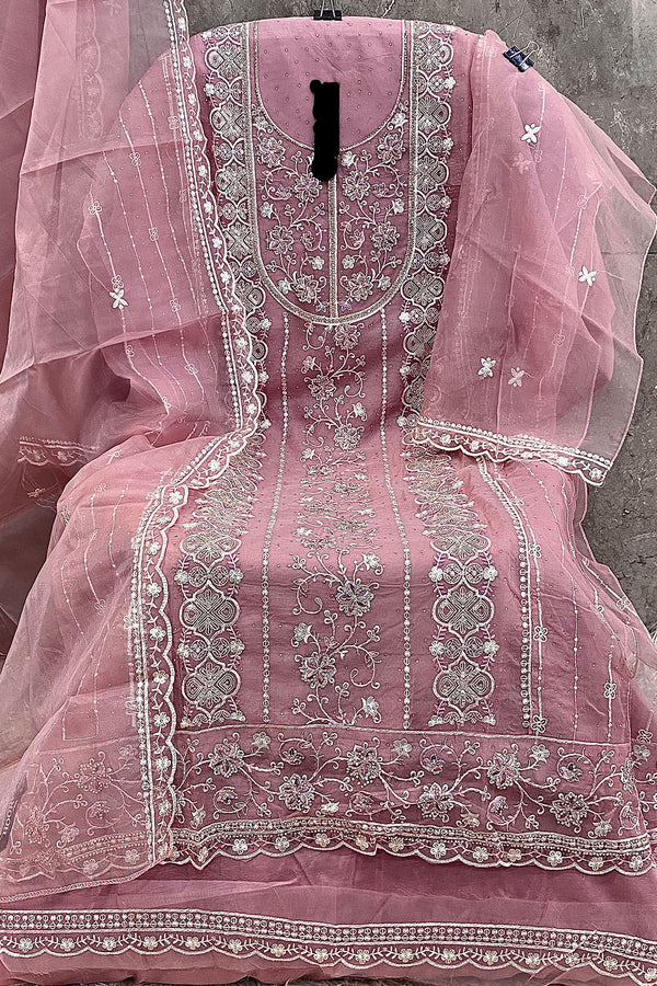 Attractive Pink Organza Pakistani Salwar Kameez With Finely Embroidered Khatli Dupatta
