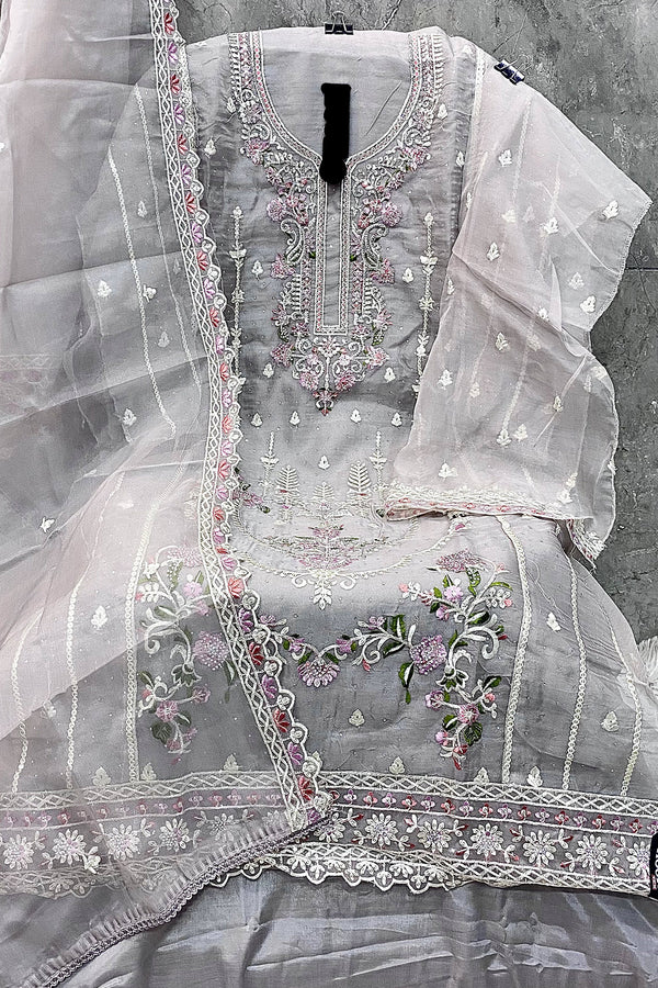 Pakistani Salwar Kameez Majestic Grey Organza Khatli Work With Organza Dupatta Work