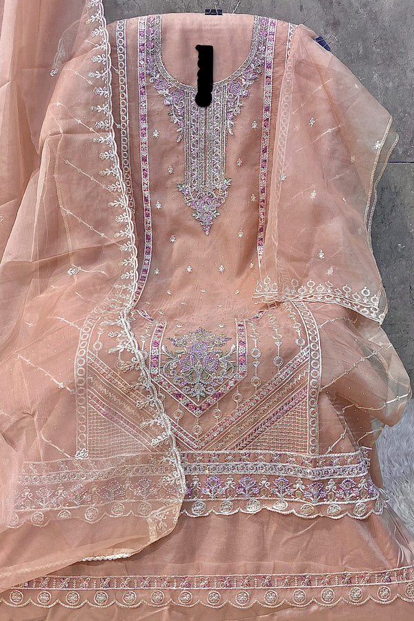 Organza Pakistani Salwar Kameez Light Orange With Khatli Work & Beautiful Dupatta Work