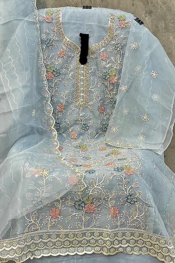 Heavy Organza Khatli Work Sky Blue Pakistani Salwar Kameez With Pretty Organza Dupatta