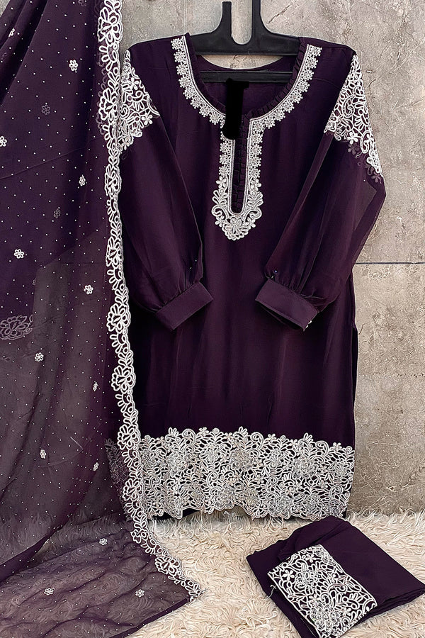Pakistani Readymade Georgette Dark Purple Tunic Style Salwar Kameez With Georgette Dupatta Work