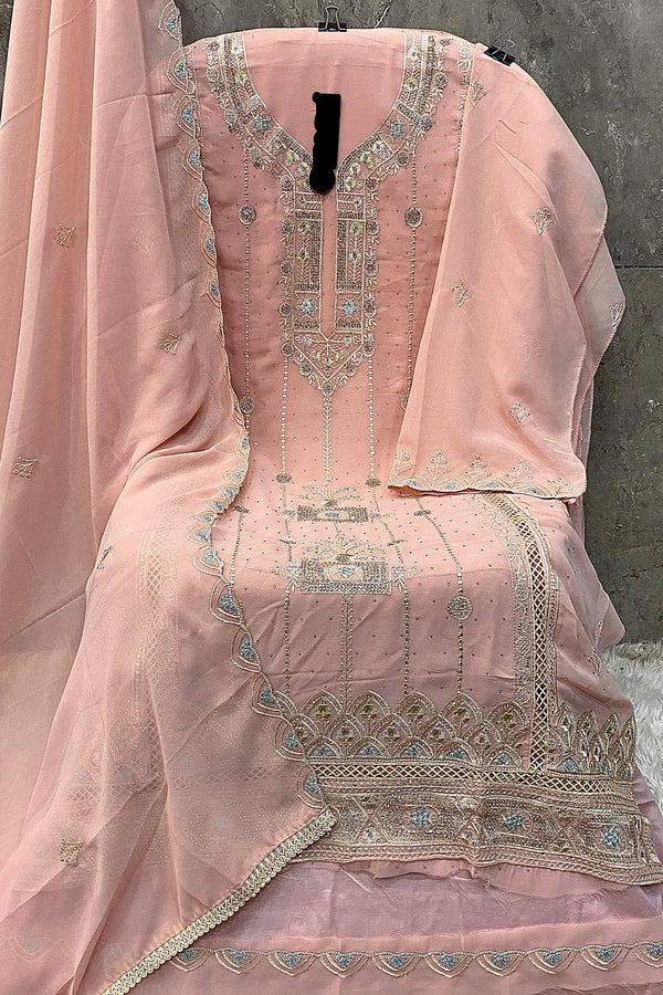 Peach Faux Pakistani Georgette Salwar Kameez With Pretty Embroidered Dupatta Work