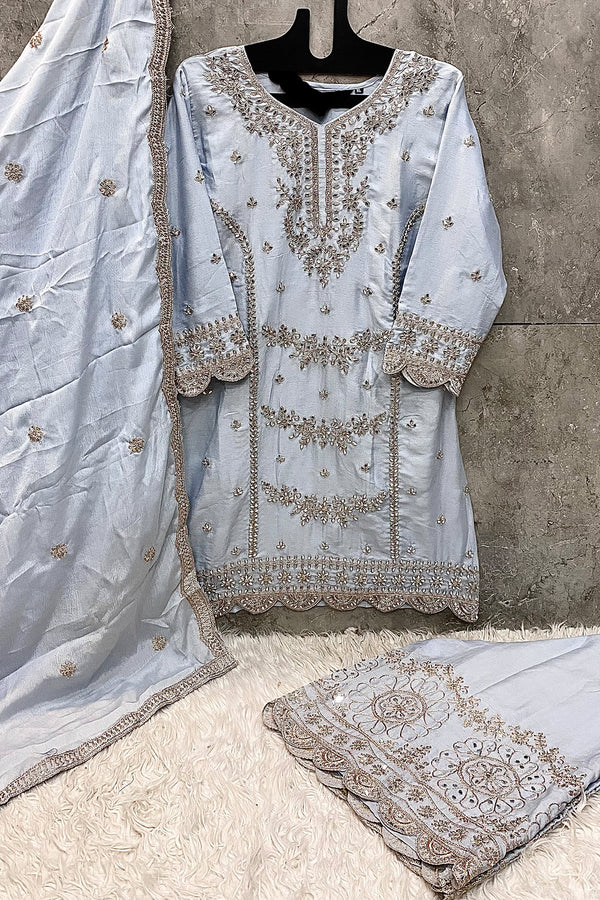Fully Tailored White Pakistani Palazzo Suit With Mirror Highlights & Rich Gold Embroidery