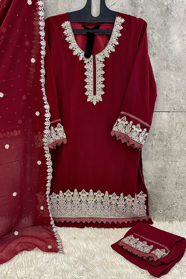 Full Stitched Heavy Georgette Embroidered Moti Work Maroon With Beautiful Dupatta Work
