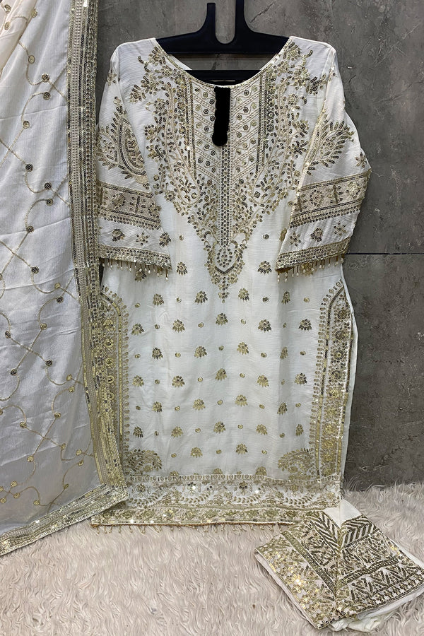 Ready to Wear White Chinon Suit – Embroidered Pakistani Dress with Dupatta