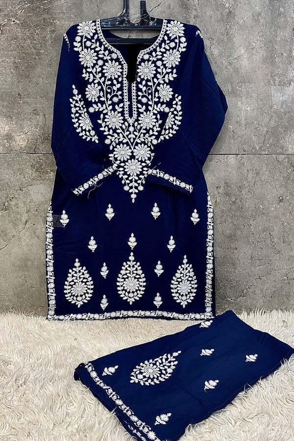 Classic Rama Blue Lucknowi Chikankari Co-Ord Set – Ready-To-Wear Pakistani Outfit