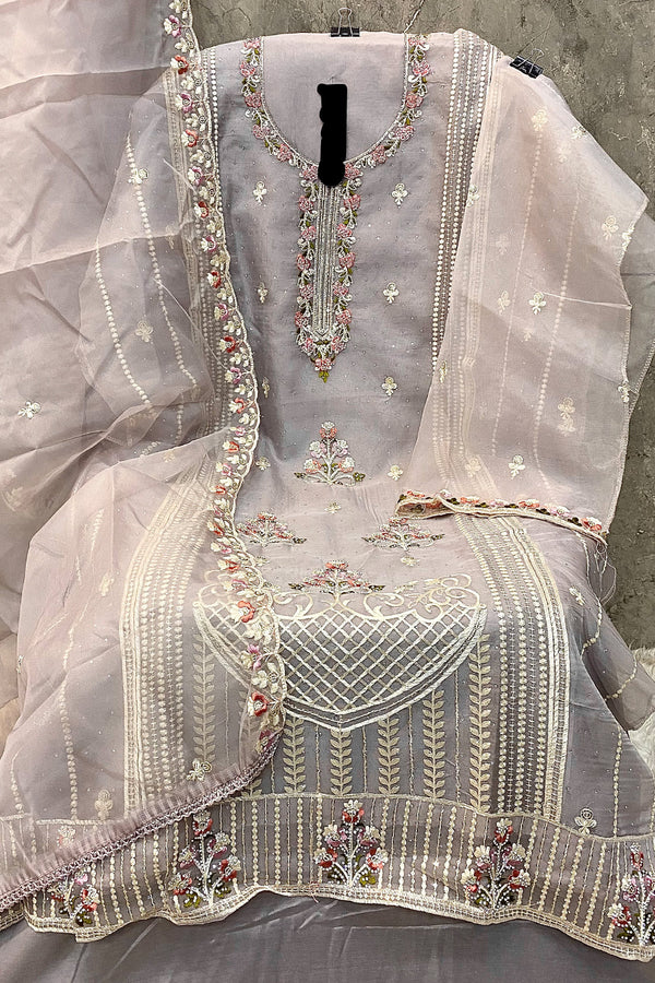 Majestic Gray Handwork Heavy Organza Pakistani Salwar Kameez With Organza Work Dupatta