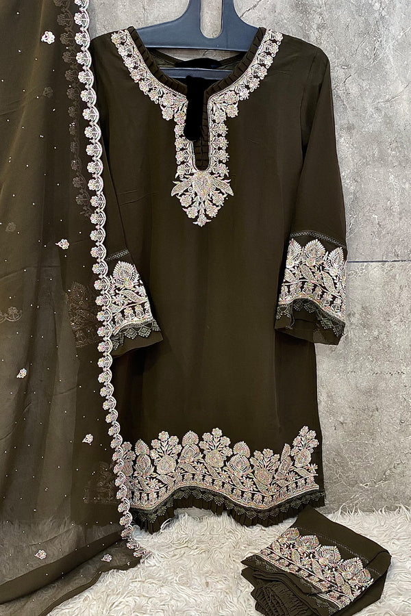 Full Stitched Pakistani Tunic Mehndi Salwar Kameez With Beautiful Less Georgette Dupatta