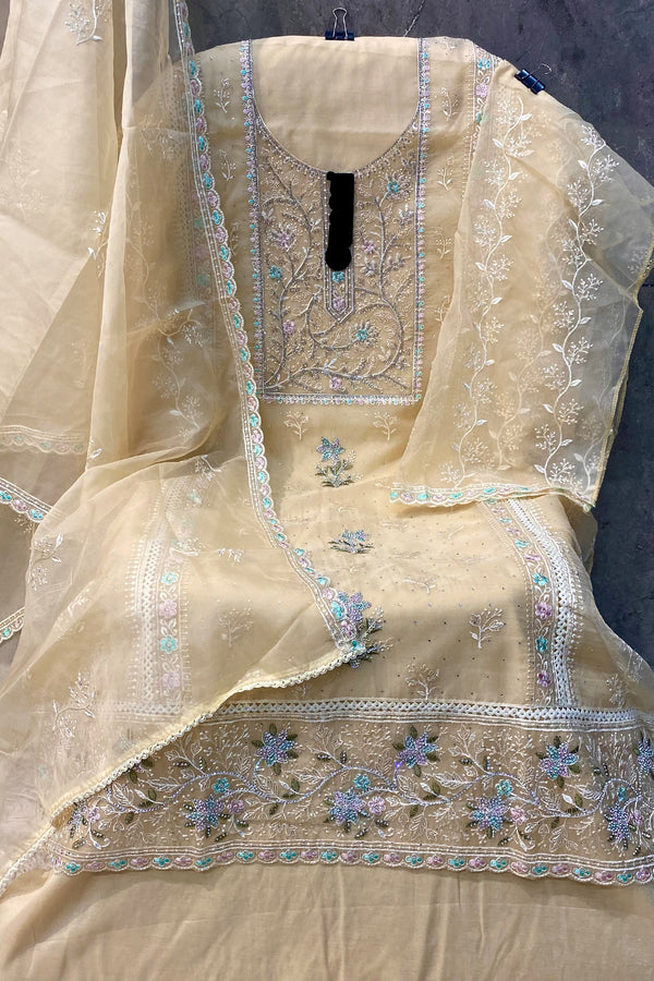 Premium Organza Cream Pakistani Salwar Suit Stone Work With Attractive Embroidery Dupatta Work