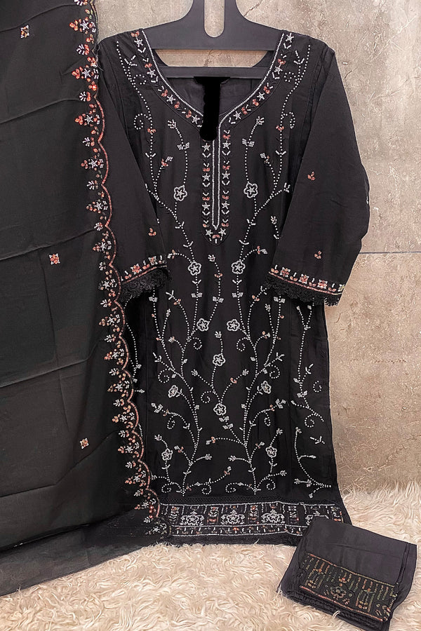 Ready To Wear Star Faux Georgette Black Coding Work Pakistani Salwar Kameez With Dupatta Work
