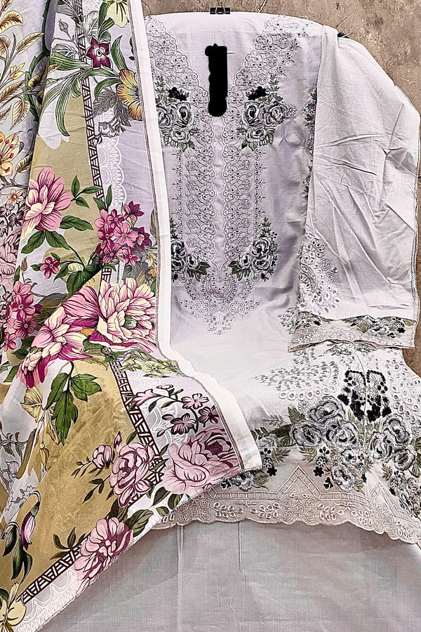 Party Wear Pakistani Light Grey Embroidery Salwar Kameez With Cotton Printed Dupatta