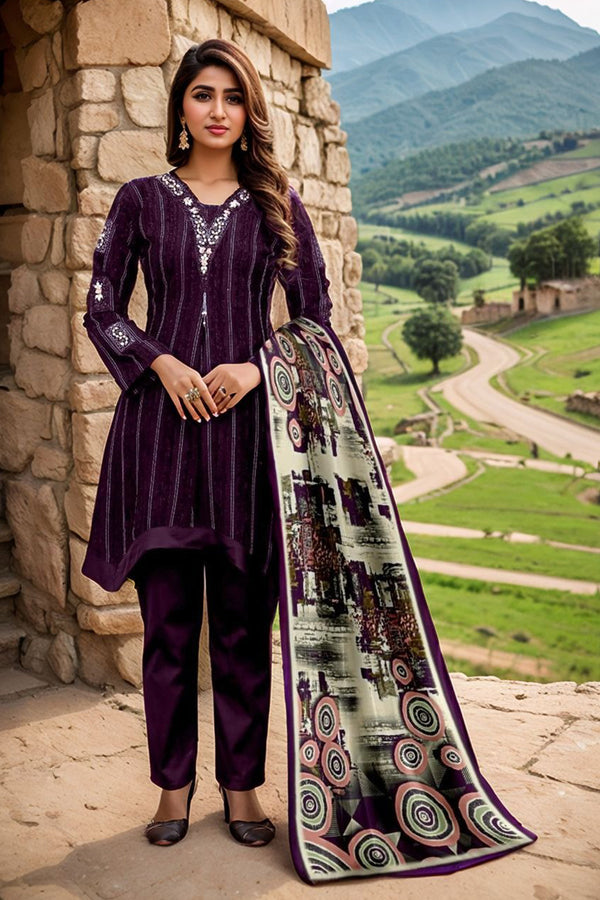 Full Stitched Imp.Korean Fabric Striped Pattern Pakistani Wine Salwar Kameez With Cotton Printed Dupatta
