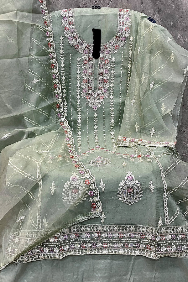 Lovely Pista Pakistani Organza Khatli Work Salwar Kameez With Organza Dupatta Embroidery