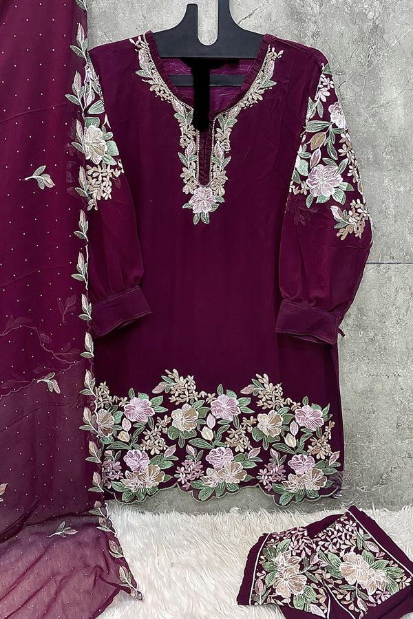 Pakistani Salwar Kameez Georgette Wine Ethnic Wear With Embroidery Dupatta-Full Stitched