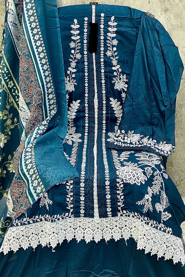 Heavy Rayon Embroidered Teal Blue Pakistani Salwar Kameez With Cotton Printed Dupatta