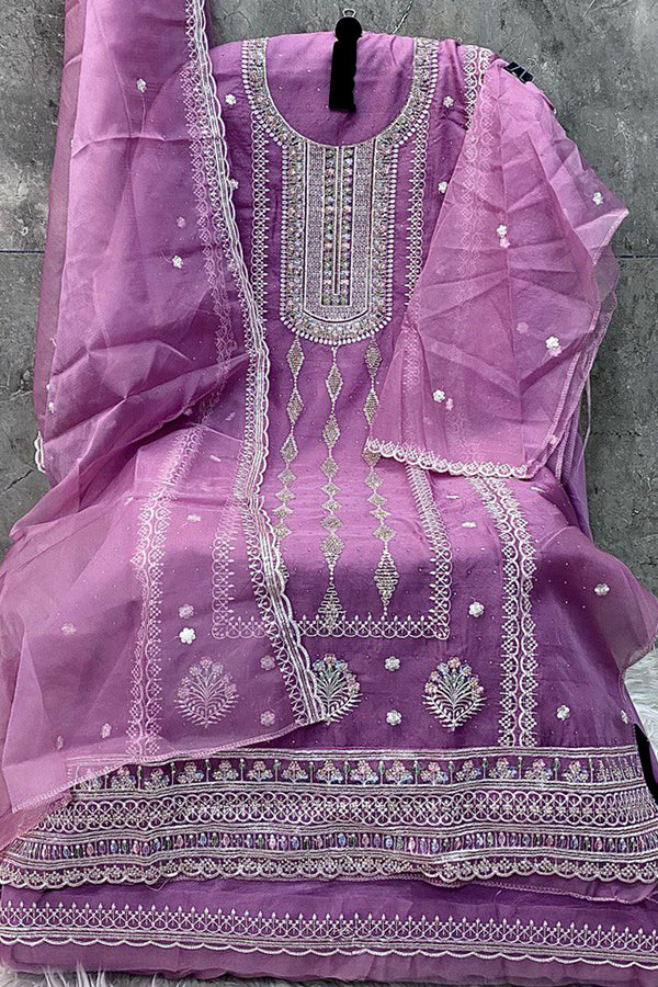 Pakistani Salwar Kameez Organza Khatli Work Dusty Purple With Organza Dupatta Work