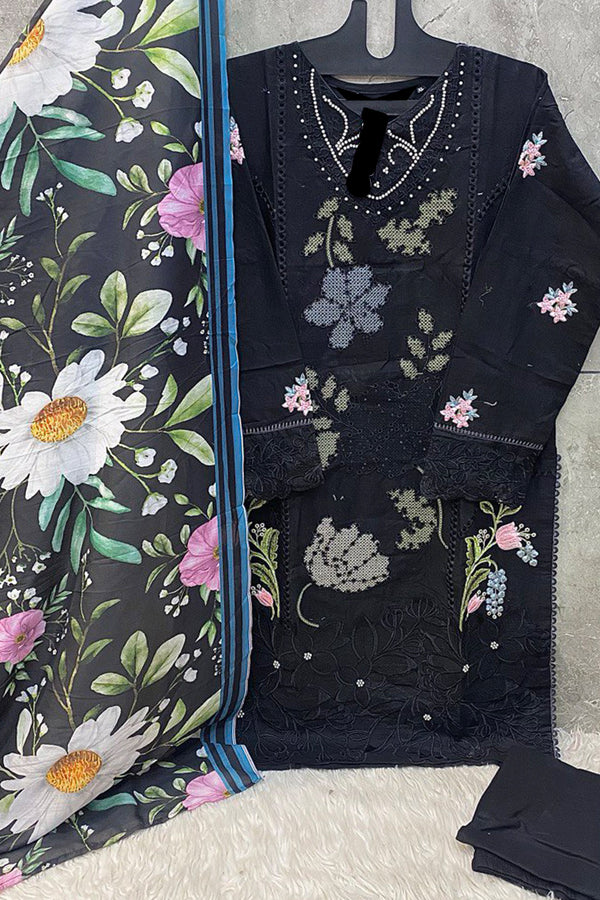 Readymade Heavy Cotton Pakistani Salwar Kameez Black With Muslin Printed Dupatta Work