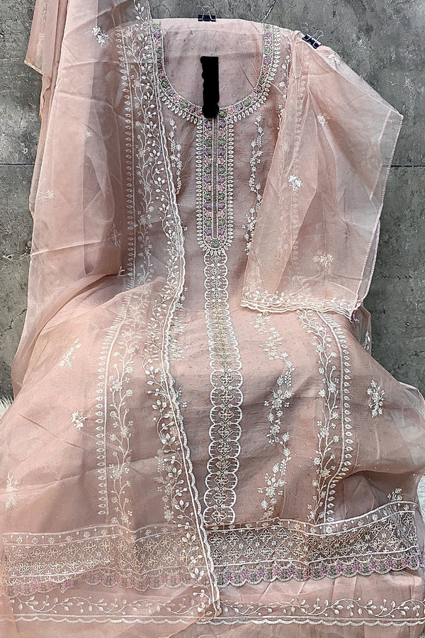 Partywear Light Orange Organza Pakistani Salwar Kameez With Delicate Khatli Embroidery Dupatta