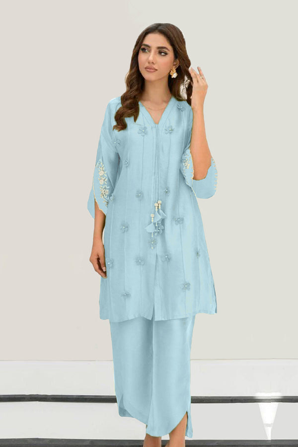 Ready To Wear Sky Blue Pakistani Tunic Style Imported Korean Fabric Premium Co-Ord Set