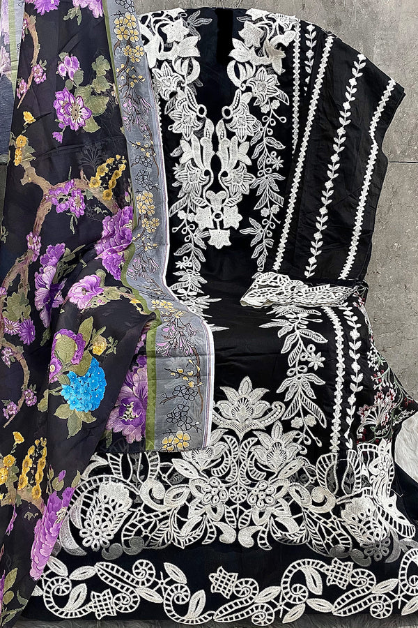 Pakistani Salwar Kameez Heavy Cotton Black WIth Cotton Printed Dupatta